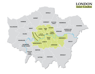 Fototapeta premium Administrative and political map of inner London, Statutory definition