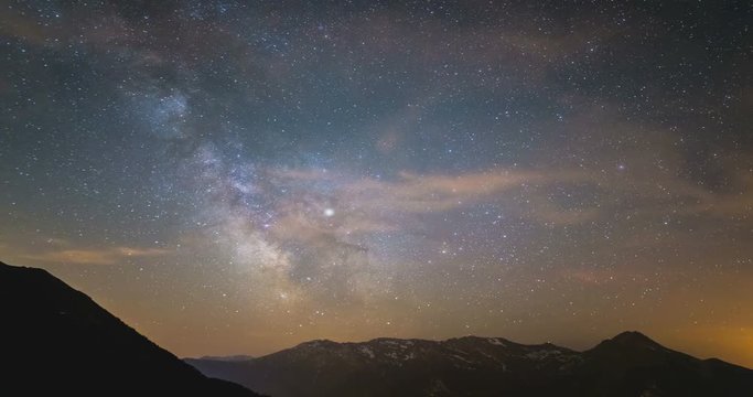 Time Lapse of the Milky way and the starry sky rotating over the majestic Italian Alps in summertime. Snowcapped mountain peaks in the background.
