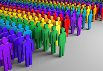 Unity of all nations. Colored silhouettes of people. 3d illustration