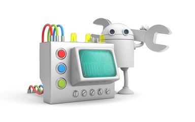Robot mechanic with device. 3d illustration