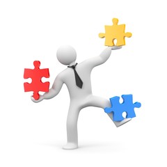 Business man assembling jigsaw puzzle. 3d illustration