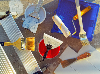 Home repair. Different tools for painting works