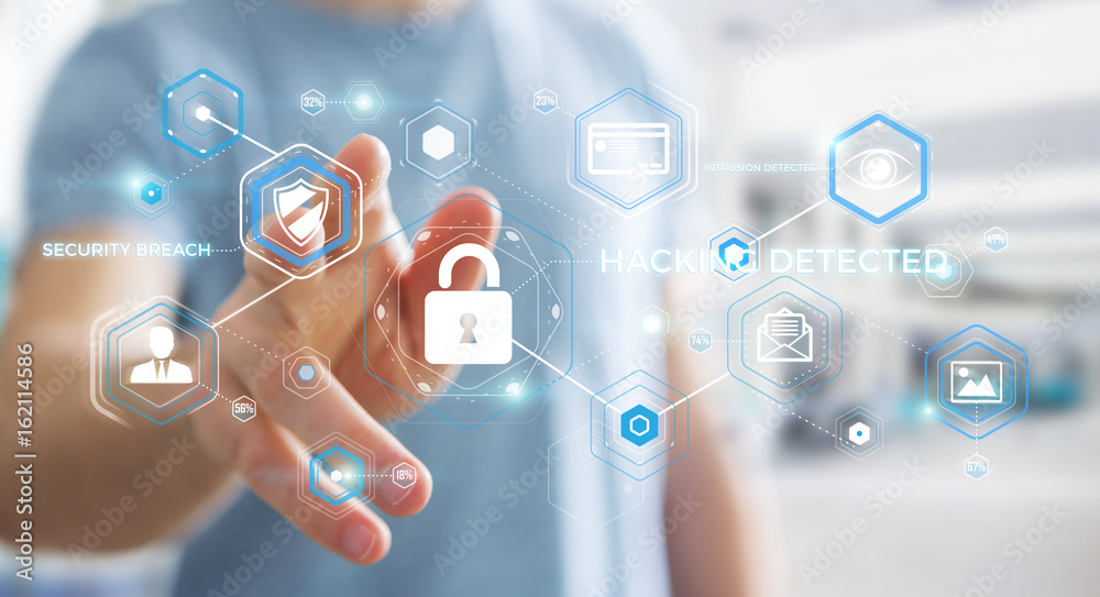 Poster Businessman using antivirus to block a cyber attack 3D rendering