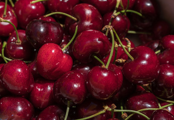 cherry detail macro of delicious fresh ripe red cherries with bright green stem, perfect food background Sweet cherry background