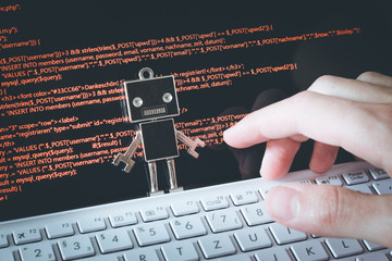 Chatbot / Social Bot mit Quellcode im Hintergrund  - obrazy, fototapety, plakaty