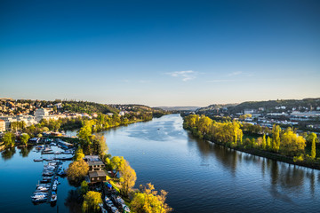 view on Vltava river form Vysegrad at sunset, Prague, Czech republic
