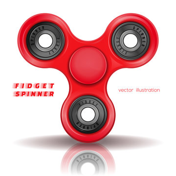 Hand fidget spinner toy for improvement of attention span. Stress-relieving toy. A typical three-bladed fidget spinner made of red plastic. Realistic vector illustration isolated on white background