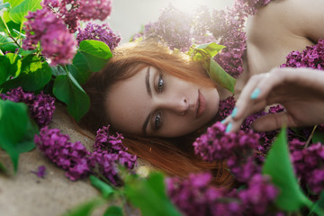 naked girl in purple flowers