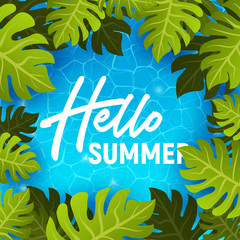 Fototapeta na wymiar Hello summer web banner background. Sea or pool with palm. Hello Summer Holiday party beach template backdrop. Vector illustration