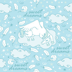 Unicorn sleeps on the cloud / A seamless pattern in blue colors with an unicorn, feathers and clouds. Great for home textile.