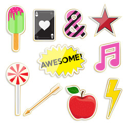 A fashionable set of patches and badges. Fashion 80's and 90's. Decoration clothes for boys and girls.