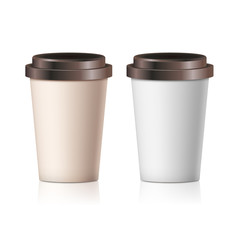 Coffee paper cup set without label. Brown plastic container for drink. Latte, mocha or cappuccino cup for cafe