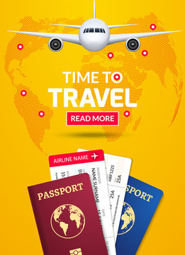 Travel banner design. Vacation business trip offer concept. Vector tourist illustration with passport, ticket, airplane. Travel background