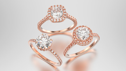 3D illustration three different rose gold diamonds rings with reflection © 3djewelry