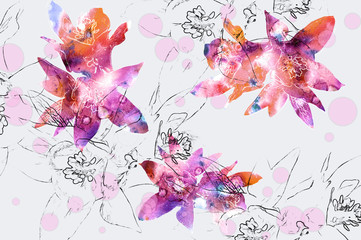 Floral background with natural flower and pencil contour