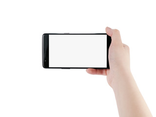 female teen hand holding smartphone with blank screen isolated on white