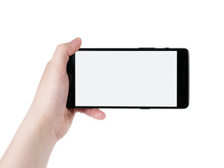 female teen hand holding smartphone with blank screen isolated on white
