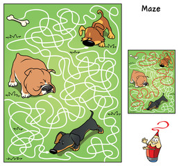 Who of the dogs will find a tasty bone?? Educational maze game for children. Cartoon vector illustration