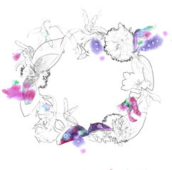 Flower wreath with pencil contour and watercolor splash on white background for invitation design