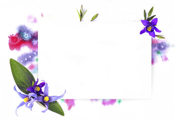 Template for invitation design with watercolor splash and fresh flower and ink contour