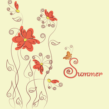 Red flowers, butterfly and signature Summer. Design for greeting cards, logos, posters or banners. Word and abstract flowers and butterflies on a light background.