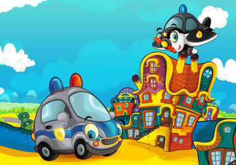 Cartoon sports car smiling and looking in the parking lot and plane flying over - illustration for children