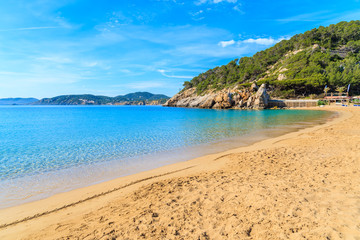 Fototapeta na wymiar Sandy beach and calm beautiful sea water in Cala San Vicente bay on sunny summer day, Ibiza island, Spain