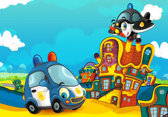 Cartoon sports car smiling and looking in the parking lot and plane flying over - illustration for children