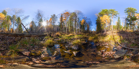 Spherical panorama 360 degrees 180 river stream in the forest and a fallen tree. vr content