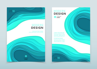 Modern design of business brochure. Vector template of the annual report. Turquoise and white flyer in A4 size with abstract cut paper.