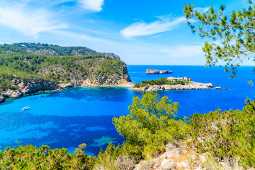 Fototapeta premium Zadziwiający widok Ibiza północny wybrzeże między Cala Xarraca zatoką i Cala Benirras zatoką, Hiszpania