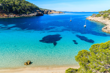 Fototapeta na wymiar View of beautiful beach in Cala Salada famous for its azure crystal clear sea water, Ibiza island, Spain