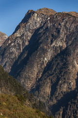 Mountain with little snow on the top sunlight in the morning at Lachen in North Sikkim, India.