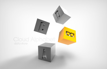 The fall of three-dimensional cubes with the alphabet