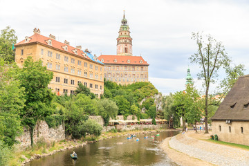 Cesky Krumlov Castle with Tower and rafting on Vltava river