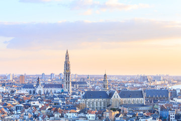 View over Antwerp with cathedral of our lady taken