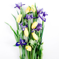 Beautiful flowers bouquet on white background. Flat lay, top view. Floral composition