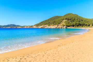 Fototapeta na wymiar Sandy beach and calm beautiful sea water in Cala San Vicente bay on sunny summer day, Ibiza island, Spain