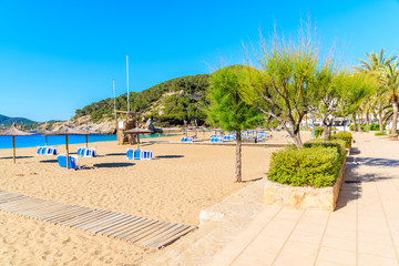 Naklejka premium Sandy beach with umbrellas and sunbeds in Cala San Vicente bay on sunny summer day, Ibiza island, Spain