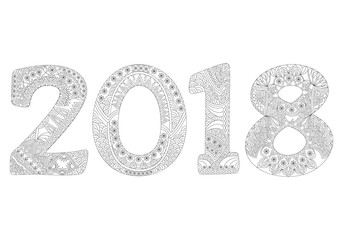Happy New Year 2018 celebration number. Antistress coloring book. Zentangle and doodle style. Vector illustration.