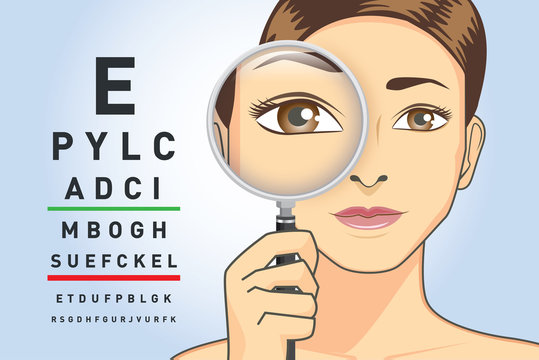 Beauty woman holding magnifying glass for check her eye with read the letters on the chart. Illustration about ability to focus of eyesight.