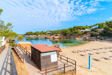 View of beautiful Cala Gracio beach and bay at early morning, Ibiza island, Spain