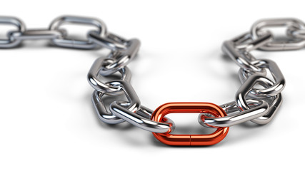 Chrome chain with a red link. 3d illustration