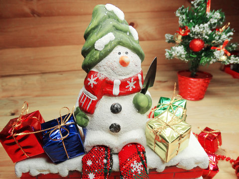 christmas decoration and copy space on wooden background