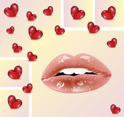 Fototapeta na wymiar Abstract background with hearts and women's sexy painted lips and white teeth. The silhouette of the mouth.