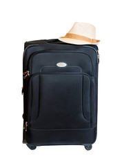 Black suitcase and hat isolated on white background