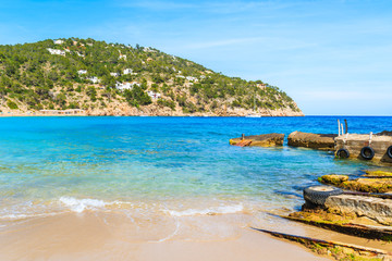 Azure sea water of Cala San Vicente beach, Ibiza island, Spain