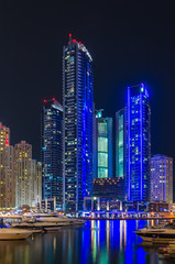 Night lights of Marina Bay in Dubai