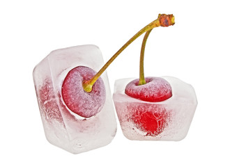 Two cherries in ice cubes on a white background