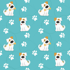 Naklejka na ściany i meble Pattern with white dogs and traces of dog paws. vector illustration in funny style.